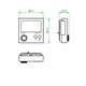 Fernthermostat von Oventrop mit Display, Bedienknopf und zwei Anschlüssen. Abmessungen in der Skizze deutlich dargestellt. Batteriebetrieben mit herstellereigener Funkkommunikation.